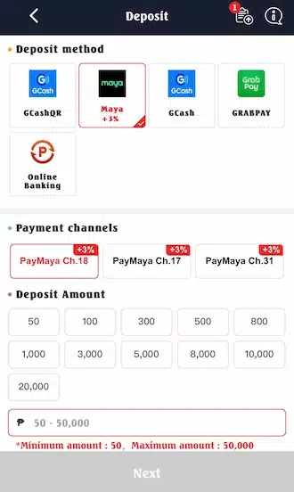 Step 1: Go to deposit and select PayMaya payment method. Then select a payment channel.